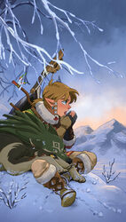  1boy 1other absurdres blue_eyes bow_(weapon) breath brown_hair cold colored_sclera crossover earrings english_commentary facial_mark forehead_mark gloves grey_sky hair_ornament highres jewelry link low_ponytail male_focus malin_falch mountainous_horizon partially_fingerless_gloves pointy_ears shield shield_on_back short_ponytail sky snow snowquill_set_(zelda) the_legend_of_zelda the_legend_of_zelda:_breath_of_the_wild the_legend_of_zelda:_twilight_princess vambraces weapon weapon_on_back winter wolf wolf_link x_hair_ornament yellow_sclera 