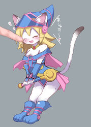  2020 anthro blonde_hair bond_dayo breasts dark_magician_girl disembodied_finger domestic_cat duel_monster duo felid feline felis female fur grey_background hair hi_res holding_object holding_staff inner_ear_fluff mammal poking simple_background smile staff tuft whiskers white_body white_fur yu-gi-oh! 