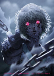  1boy absurdres artstation_username blood blood_on_face chains earrings fighting_stance glowing glowing_eyes grey_theme highres hunter_x_hunter instagram_username jewelry kurapika long_sleeves looking_at_viewer male_focus manip motion_blur official_alternate_costume red_eyes serious shirt short_hair solo upper_body wind 