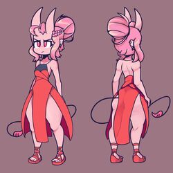  1girls 2020 back_view background carrie_(giidenuts) dress earrings front_view full_body fully_clothed giidenuts heels horn original ponytail reference_image reference_sheet short_hair solo solo_female solo_focus standing tail thick_thighs thighs toes 