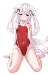  absurdres animal_ears bad_id bad_pixiv_id barefoot breasts commission competition_swimsuit covered_navel female fox_ears fox_girl fox_tail guild_cq highleg highleg_swimsuit highres kurenagi_eri long_hair looking_at_viewer multicolored_hair ncontrail_(mgax7527) one-piece_swimsuit red_eyes red_hair red_one-piece_swimsuit simple_background sitting skeb_commission small_breasts solo streaked_hair swimsuit tail two-tone_hair two-tone_swimsuit virtual_youtuber wariza white_background white_hair 