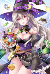  black_dress black_hat black_sleeves blush breasts candy cleavage commentary_request corrin_(female)_(fire_emblem) corrin_(female)_(halloween)_(fire_emblem) corrin_(fire_emblem) corset detached_collar detached_sleeves dragonstone dress earrings female fingernails fire_emblem fire_emblem_fates fire_emblem_heroes food frilled_sleeves frills gem grey_hair hair_between_eyes halloween halloween_costume hat highres holding jewelry kirishima_riona long_hair looking_at_viewer medium_breasts official_alternate_costume open_mouth pointy_ears purple_nails red_eyes smile solo star_(symbol) teeth thighs upper_teeth_only witch witch_hat 