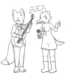  anthro barefoot bea_santello black_line_art boots bottomwear canid canine cigarette clothed clothing crocodile crocodilian crocodylid digital_drawing_(artwork) digital_media_(artwork) dress duo electronics feet female footwear fox frigadae full-length_portrait fully_clothed gregg_lee guitar hi_res line_art male mammal microphone monochrome musical_instrument night_in_the_woods open_mouth pants plucked_string_instrument portrait reptile scalie simple_background singing standing string_instrument white_background 