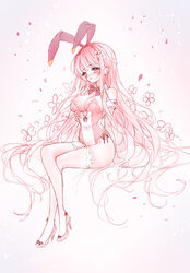  animal_ears arcaea bare_shoulders blush braid breasts cleavage commentary crossed_legs fake_animal_ears female floral_background flower full_body green_eyes hair_flower hair_ornament hand_up high_heels highres kou_(arcaea) leotard long_hair medium_breasts nose_blush parted_lips pink_footwear pink_hair pink_leotard playboy_bunny rabbit_ears shoes sitting solo strapless strapless_leotard tandohark thighhighs very_long_hair white_flower white_thighhighs 