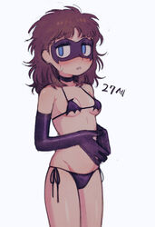  bad_id bad_pixiv_id batrobin_k bikini black_bikini black_gloves blue_eyes blush breasts brown_hair choker dc_comics dick_grayson elbow_gloves female genderswap_(mtf) gloves looking_at_viewer medium_hair messy_hair nightwing parted_lips rule_63 simple_background small_breasts solo sweatdrop swimsuit white_background 