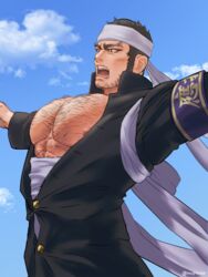  1boy abs areola_slip armband artist_name bandages bara bare_pectorals beard black_hair buttons cheering chest_hair cloud cloudy_sky collared_jacket facial_hair frown golden_kamuy hairy headband jacket large_pectorals looking_to_the_side male_focus mature_male muscular muscular_male nipple_slip nipples nopinzo open_clothes open_jacket open_mouth ouendan outstretched_arms pectorals short_hair sky solo spread_arms tanigaki_genjirou thick_eyebrows upper_body 