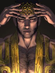  1boy artist_name bara beard black_eyes black_hair braid broad_shoulders chest_hair close-up crown crown_braid facial_hair golden_kamuy hairy hand_on_own_head large_pectorals light light_rays looking_at_viewer male_focus manly mature_male muscular muscular_male nipples nopinzo pectoral_cleavage pectorals rope scar scar_on_face scarf short_hair solo tanigaki_genjirou thick_eyebrows upper_body 