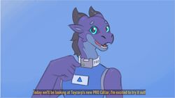  alphax10 anthro blue_eyes clothed clothing collar dragon ellie_(alphax10) english_text female mythological_creature mythological_scalie mythology pre-transformation purple_body scalie solo text transformative_collar 