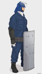  1boy alternate_costume ballistic_shield belt boots collared_jacket contemporary gauntlets gloves golden_kamuy hat helmet jacket looking_to_the_side male_focus mature_male nopinzo police police_hat police_uniform policeman riot_police shield solo tanigaki_genjirou uniform visor_(armor) 