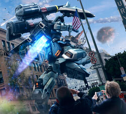  american_flag battle beam_rifle energy_gun explosion from_behind gundam gundam_seed gundam_seed_destiny hiropon_(tasogare_no_puu) mecha mechanical_wings missile missile_pod perfect_strike_gundam photo_background robot science_fiction strike_gundam thrusters v-fin weapon wings zaku_phantom 