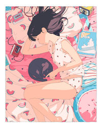  absurdres aorkgk black_cat black_hair camisole cassette_player cassette_tape clock closed_eyes cosmetics feline female food_print headphones highres legs_together lipstick_tube looking_to_the_side lying magazine_(object) messy_hair nail_polish on_bed original panties pillow print_panties sleeping strawberry_panties strawberry_print underwear walkman watermelon_print white_camisole white_panties 