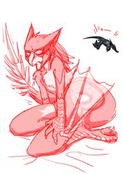  2009 anthro anthrofied beak biped capcom claws digital_media_(artwork) female female_anthro finger_claws flying_wyvern full-length_portrait fur kazuhiro kemono membrane_(anatomy) membranous_wings monster_hunter nargacuga nude open_mouth portrait red_theme reference_image sharp_teeth simple_background sitting solo teeth translucent translucent_wings wariza white_background wings 