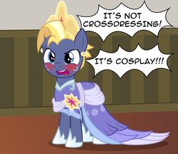  badumsquish blonde_hair blue_eyes blush clothing cosplay crossplay crown dialogue dress english_text equid equine feral freckles friendship_is_magic hair hasbro headgear hi_res horse male mammal my_little_pony pony quadruped solo star_tracker_(mlp) text tiara 