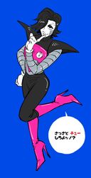  2021 bangs blue_background boots bottomwear clothed clothing dialogue eyelashes eyeshadow femboy footwear gloves hair hand_on_hip handwear hi_res high_heeled_boots high_heels humanoid japanese_text looking_at_viewer machine makeup male mettaton mettaton_ex narrowed_eyes not_furry pants pose robot robot_humanoid shoulder_pads simple_background smile solo stiletto_heels talking_to_viewer text translation_request undertale undertale_(series) yuzuki_fang111 