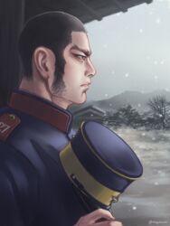  1boy architecture artist_name black_hair branch close-up collared_jacket conifer east_asian_architecture facial_hair golden_kamuy hat jacket long_sideburns looking_to_the_side male_focus mature_male military military_hat military_uniform nopinzo outdoors short_hair sideburns snow solo tanigaki_genjirou thick_eyebrows tree uniform unworn_hat unworn_headwear upper_body winter 