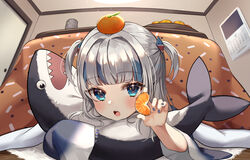  absurdres blue_eyes blue_hair blue_hoodie blue_nails blunt_bangs blush churi_(oxxchurixxo) commentary door female fingernails food food_on_head from_below fruit fruit_on_head gawr_gura grey_hair hair_ornament highres holding holding_food hololive hololive_english hood hoodie indoors kotatsu long_sleeves looking_at_viewer lying mandarin_orange medium_hair multicolored_hair nail_polish object_on_head on_stomach open_mouth sharp_teeth sleeves_past_wrists solo streaked_hair stuffed_animal stuffed_shark stuffed_toy table teeth two-tone_hair two_side_up upper_teeth_only virtual_youtuber 