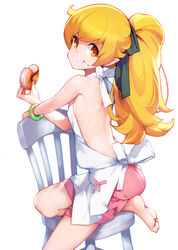  :t absurdres ataruman backless_outfit bakemonogatari bare_back bare_legs bare_shoulders barefoot black_ribbon blonde_hair chair doughnut eating feet female food hair_ornament highres long_hair looking_at_viewer monogatari_(series) orange_eyes oshino_shinobu pink_shorts pointy_ears ponytail ribbon shorts simple_background smile solo white_background 