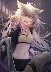  1other absurdres animal_ears arknights bandeau black_jacket black_shorts blood commentary_request cowboy_shot crop_top female grey_eyes grey_hair grin hair_between_eyes highres holding holding_sword holding_weapon hood indoors jacket lappland_(arknights) long_hair long_sleeves mask midriff navel renkon_logistics reunion_soldier_(arknights) sharp_teeth shorts smile standing stomach strapless sword teeth tube_top very_long_hair weapon wolf_ears 