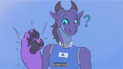  alphax10 anthro blue_eyes clothed clothing collar dragon ellie_(alphax10) english_text female handpaw inflatable_transformation mid_transformation mythological_creature mythological_scalie mythology paws purple_body scalie solo text transformation transformative_collar 