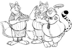  2019 anthro apron arley_dog belly benjamin_clawhauser bottomwear canid canine cheetah clothing dessert dialogue disney duo felid feline food fox gideon_grey hug humanoid_hands male male/male mammal monochrome necktie overweight overweight_male pants pastry pie police police_uniform red_fox shirt text topwear true_fox uniform zootopia 