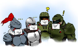  ! ... 4boys ? animification armor assault_visor bd77 blue_background blue_visor bow commentary cropped_arms cropped_torso crossover din_djarin doom_(series) doomguy english_commentary faceless faceless_male full_armor gap_(touhou) goblin_slayer goblin_slayer! halo_(series) looking_ahead looking_to_the_side male_focus mandalorian master_chief me_and_the_boys_(meme) meme multiple_boys multiple_crossover orange_visor parody plume power_armor praetor_suit signature spartan_(halo) star_wars the_mandalorian trait_connection visor_(armor) 