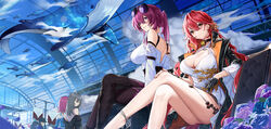  4girls :&lt; absurdres astral_express_(honkai:_star_rail) back back_cutout bare_shoulders black_choker black_coat black_footwear black_gloves blue_flower blue_rose blue_sky breasts choker cleavage clothing_cutout coat commentary_request criss-cross_halter crossed_legs dress eyewear_on_head feet_out_of_frame flower flower_choker flying_whale gloves golden_rose grey_hair hair_flower hair_ornament halterneck hand_on_own_knee high-waist_shorts highres himeko_(honkai:_star_rail) honkai:_star_rail honkai_(series) kafka_(honkai:_star_rail) long_hair long_sleeves looking_at_viewer march_7th_(honkai:_star_rail) multiple_girls na2cl off_shoulder open_clothes open_coat pantyhose people pink_hair ponytail purple_eyes purple_flower purple_hair purple_rose red_hair red_nails rose round_eyewear shirt shorts sitting sky sleeveless sleeveless_shirt smile stelle_(honkai:_star_rail) sunglasses trailblazer_(honkai:_star_rail) train_station very_long_hair whale white_dress white_shirt 