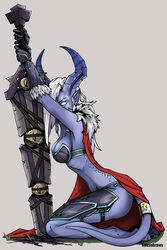  armor bikini_armor blizzard_entertainment blue_body blue_skin breasts cape cleavage clothed clothing colored death_knight digital_media_(artwork) draenei female full-length_portrait hair hi_res hooves horn humanoid kneeling melee_weapon midriff navel portrait purple_body purple_skin red_cape roksodraws runes shaded simple_background skimpy solo sword tentacle unconvincing_armor undead warcraft weapon white_eyes white_hair 