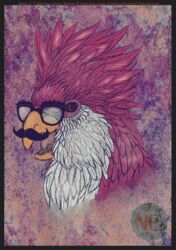  avian beak bird brown_eyes eyewear facial_hair feathers feral glasses looking_at_viewer maladash male moustache n3sting3yes nestingeyesstudio open_mouth parrot red_body red_feathers simple_background solo watermark white_body white_feathers 