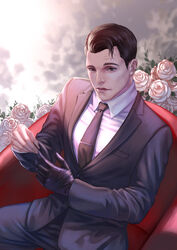  1boy android black_gloves black_hair black_necktie black_pants black_suit brown_eyes brown_hair chair chinese_commentary commentary connor_(detroit) detroit:_become_human flower formal gloves hei_yu looking_at_viewer male_focus necktie pants single_glove sitting solo suit 