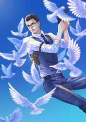  1boy android animal belt bird black-framed_eyewear blue_background blue_sky blue_vest brown_eyes brown_hair chinese_commentary commentary connor_(detroit) day detroit:_become_human dove feet_out_of_frame flock glasses gradient_background gun handgun hands_up hei_yu holding holding_gun holding_weapon holster lens_flare male_focus necktie outdoors sky too_many too_many_birds vest weapon 