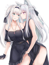  2girls absurdres ak-12_(girls&#039;_frontline) an-94_(girls&#039;_frontline) animal_ear_fluff animal_ears arm_support bare_arms bare_shoulders belt black_dress black_gloves black_ribbon blue_eyes blush braid breasts chinese_commentary collarbone commentary_request cowboy_shot dress flying_sweatdrops french_braid girls&#039;_frontline gloves grey_hair hair_intakes hair_ribbon hairband hand_under_clothes hand_under_dress highres jewelry long_hair looking_at_another medium_breasts multiple_girls necklace off-shoulder_dress off_shoulder parted_lips profile purple_eyes ribbon ru_zhai side_slit sidelocks simple_background sleeveless sleeveless_dress standing thighs unusually_open_eyes wavy_mouth white_background white_hair yuri 