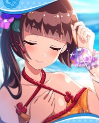  artist_request azusa_yumi_(phantom_of_the_kill) bead_bracelet beads blush bracelet brown_hair closed_eyes female flower framed_image hair_flower hair_ornament hand_on_own_chest highres holding jewelry long_hair official_art phantom_of_the_kill side_ponytail smile wind_chime 