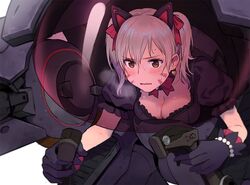  0910popo animal_ears blonde_hair blush bow breasts brown_eyes choker cleavage close d.va gloves goth-loli lolita_fashion mecha mechagirl overwatch tattoo twintails wet 