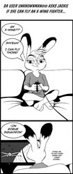  anthro arms_bent bent_legs controller cord crossed_ankles dialogue disney electronics english_text fan_character female game_controller gaming greyscale grummancat hands_together_elbows_apart holding_controller holding_game_controller holding_object jackie_hopps_(grummancat) lagomorph leporid mammal monochrome pilot playing_video_game rabbit screen simple_background sitting solo speech_bubble spread_knees star_wars television text wired_controller x-wing zootopia 