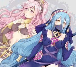  2girls azura_(fire_emblem) azura_(performing_arts)_(fire_emblem) bad_id bad_twitter_id black_dress black_gloves black_hairband blue_hair braid breasts bridal_gauntlets cleavage dress elbow_gloves fingerless_gloves fire_emblem fire_emblem_awakening fire_emblem_fates fire_emblem_heroes gloves hairband long_hair medium_breasts mouth_veil multiple_girls navel olivia_(fire_emblem) olivia_(performing_arts)_(fire_emblem) parted_lips pink_eyes pink_hair plushcharm ponytail twin_braids twitter_username veil yellow_eyes 