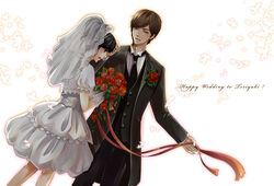  1boy bouquet boutonniere bridal_veil bride commentary_request couple dress female flower formal kamen_rider kamen_rider_w narumi_akiko photoshop_(medium) straight suit terui_ryuu tomoko.a veil wedding wedding_dress 