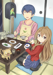  1boy aisaka_taiga apron bird blue_hair bowl brown_eyes brown_hair cage chopsticks commentary eating female food holding holding_bowl holding_chopsticks indoors inko long_hair oohashi_high_school_uniform palmtop_tiger parrot photoshop_(medium) rice_bowl rice_cooker school_uniform shitou_(1992116210) short_hair table takasu_ryuuji tatami thighhighs toradora! 