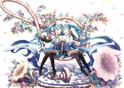  2girls :d absurdly_long_hair aqua_eyes aqua_hair beamed_eighth_notes bird bird_on_hand boots closed_eyes commentary detached_sleeves dual_persona eighth_note full_body hatsune_miku headset highres holding_hands horn_speaker interlocked_fingers long_hair maou_(mischief2004) multiple_girls musical_note nail_polish necktie one_eye_closed open_mouth phonograph_needle quarter_note sitting skirt smile speaker staff_(music) thigh_boots thighhighs twintails very_long_hair vocaloid 