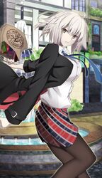  artoria_pendragon_(fate) bag blue_necktie commentary_request cosplay fate/grand_order fate_(series) female fountain hair_between_eyes highres jeanne_d&#039;arc_alter_(avenger)_(fate) jeanne_d&#039;arc_alter_(fate) looking_at_viewer necktie pantyhose plaid plaid_skirt saber_alter saber_alter_(cosplay) saber_alter_(traveling_outfit)_(fate) shopping_bag skirt smile solo vane_(vane0) white_hair yellow_eyes 