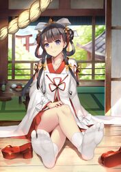  architecture backlighting bad_id bad_pixiv_id bare_legs basket blunt_bangs blurry blurry_background bowl closed_mouth collarbone crossed_legs cup cushion drink east_asian_architecture feet female foreshortening full_body geta girl_cafe_gun hair_ribbon hair_rings hakama hakama_short_skirt hakama_skirt head_tilt highres japanese_clothes kikuri_yuki liquid long_hair long_sleeves looking_at_viewer miko musyne_xsk no_shoes open_door plant purple_eyes railing red_hakama red_ribbon ribbon rope see-through shimenawa shoes sitting skirt sliding_doors smile socks soles solo steam tabi tatami toes torii tree unworn_shoes white_ribbon white_socks wide_sleeves wooden_floor zabuton 