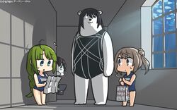  3girls :3 abyssal_ship ahoge animal animalization bear black_hair blue_eyes blue_one-piece_swimsuit braid brown_eyes chikuma_(kancolle) commentary_request double_bun glowing glowing_eye green_hair hair_bun hamu_koutarou highres kantai_collection kunihiko_moriguchi light_brown_hair living long_hair michishio_(kancolle) mitsukoshi_(department_store) mole mole_under_mouth multiple_girls one-piece_swimsuit ri-class_heavy_cruiser school_swimsuit short_hair single_braid swimsuit yuugumo_(kancolle) 