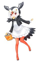  atlantic_puffin_(kemono_friends) bird_tail black_hair black_jacket black_scarf chips_(food) commentary_request female food food_in_mouth full_body gloves head_wings ise_(0425) jacket kemono_friends long_sleeves looking_at_viewer mouth_hold multicolored_hair pantyhose potato_chips red_eyes red_footwear red_pantyhose scarf shirt shoes short_hair simple_background skirt solo tail white_background white_gloves white_hair white_shirt white_skirt wings 