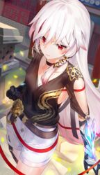  belt black_shirt blush breasts clenched_hand closed_mouth commentary dragon_print female fu_hua fu_hua_(night_squire) fu_hua_(rustic_noir) gloves hair_between_eyes hair_ornament honkai_(series) honkai_impact_3rd kfr long_hair looking_at_viewer multicolored_hair multiple_belts official_alternate_costume red_hair shirt short_shorts shorts small_breasts solo white_hair white_shorts 