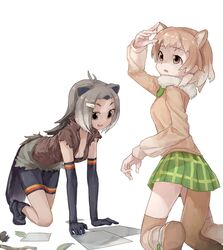  2girls all_fours american_beaver_(kemono_friends) animal_ears bare_shoulders beaver_ears beaver_tail bike_shorts bike_shorts_under_shorts black-tailed_prairie_dog_(kemono_friends) boots bow bowtie bra brown_hair commentary elbow_gloves extra_ears forehead fur_collar gloves grey_hair hair_ornament hairclip highres kemono_friends kneeling light_brown_hair long_sleeves multicolored_hair multiple_girls paper plaid plaid_skirt pleated_skirt short_hair shorts skirt sleeveless sweater tail thighhighs tito_(men-hukurou) underwear vest 