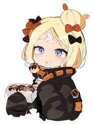  abigail_williams_(fate) abigail_williams_(traveling_outfit)_(fate) bad_id bad_pixiv_id bandaid bandaid_on_face bandaid_on_forehead black_bow black_jacket blonde_hair blowing blowing_on_food blue_eyes blush bow box commentary crossed_bandaids fate/grand_order fate_(series) female food food_on_face hair_bun hairbow holding holding_box jacket long_sleeves multiple_hair_bows no_symbol official_alternate_costume open_mouth orange_bow polka_dot polka_dot_bow seu_9_(banya) short_hair simple_background single_hair_bun skewer sleeves_past_wrists solo takoyaki upper_body white_background 