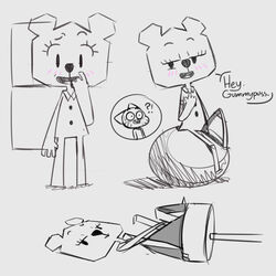  1:1 2019 absurd_res ball bar_stool bear cartoon_network domestic_cat exercise_ball felid feline felis furniture gumball_watterson hi_res hitsuji mammal on_model paper paper_creature sitting sitting_on_ball stool teri_(tawog) text the_amazing_world_of_gumball 