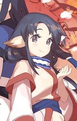  1boy ainu_clothes animal_ears black_hair blush brown_eyes closed_mouth commentary dog_ears eruruu female hakuowlo kanyoko_(yuzukano_17) layered_sleeves long_hair long_sleeves looking_at_viewer smile symbol-only_commentary utawarerumono 