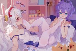  2girls alcohol animal artist_self-reference azur_lane bare_arms bare_shoulders bed_sheet bird black_ribbon blue_eyes camisole champagne champagne_bottle chick collarbone commentary_request feet hair_ribbon high_ponytail highres indoors javelin_(azur_lane) laffey_(azur_lane) legs licking licking_foot long_hair manjuu_(azur_lane) multiple_girls mutual_foot_licking no_pants no_shoes pantyhose pillow ponytail purple_hair red_eyes ribbon see-through strap_slip thighband_pantyhose tsubasa_tsubasa twintails very_long_hair white_camisole white_hair white_pantyhose yuri 