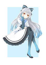  absurdres aqua_background black_bow black_pantyhose blue_bow blue_footwear blue_stripes bow bowtie brs--wrs buttons commentary_request crossed_legs dress elbow_gloves female footwear_bow frilled_dress frilled_skirt frills full_body girls&#039;_frontline gloves grey_hair hairbow hand_on_own_thigh head_rest high_heels highres invisible_chair light_smile long_hair looking_at_viewer pantyhose partially_fingerless_gloves pumps red_eyes shoes simple_background sitting skirt solo striped_bow striped_clothes striped_gloves striped_pantyhose tokarev_(girls&#039;_frontline) vertical-striped_clothes vertical-striped_gloves vertical-striped_pantyhose very_long_hair white_dress 