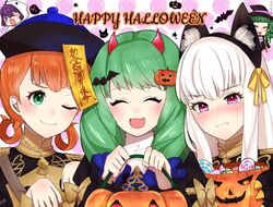  &gt;_&lt; 5girls animal_ears annette_fantine_dominic bernadetta_von_varley braid candy cat_ears closed_mouth commentary_request demon_horns english_commentary fake_animal_ears fake_horns fire_emblem fire_emblem:_three_houses flayn_(fire_emblem) food garreg_mach_monastery_uniform green_hair halloween halloween_bucket happy_halloween hat highres holding horns lollipop long_hair lysithea_von_ordelia mixed-language_commentary multiple_girls ofuda one_eye_closed open_mouth orange_hair otokajife pink_eyes protected_link purple_hair ribbon_braid short_hair smile sothis_(fire_emblem) twin_braids twintails uniform white_hair 